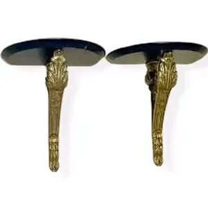 Bombay Co Hollywood Regency Brass Black Marble Wall Display Shelves Set Of 2 VTG