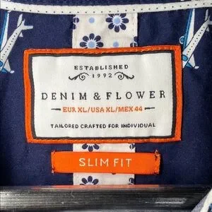 Boys Denim & Flower Button Up Navy Blue Shark Print Shirt Size XL