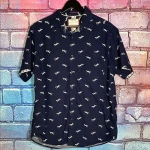 Boys Denim & Flower Button Up Navy Blue Shark Print Shirt Size XL