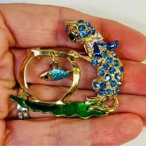 Brooch Cat And Fish NIP Blue Rhinestones On Golden Base 1.75x1.5”