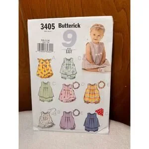 Butterick 3405 Pattern Infants' Dress Top Romper Hat Headband Sizes: NB S-M Butterick 3405 Pattern Infants' Dress Top Romper Hat Headband Sizes: NB S-M