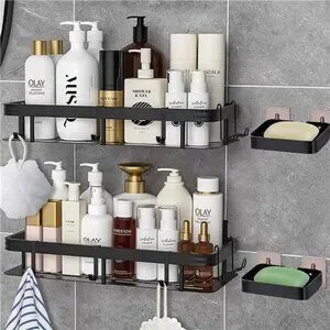 Caddy Bathroom Organizer Wall Mount Shower Organizer With 8 Hooks Black