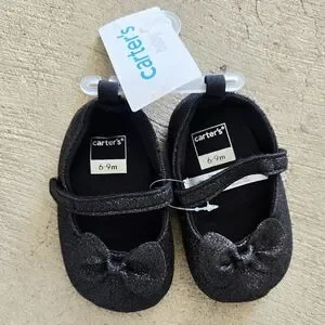 CARTER'S Infant Glittery Black Buckled Mary Janes With Bow 6-9 Months NWT