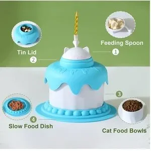 Cat Birthday Cake Bowl Slow Feeder Food Bowl Feeding Spoon Can Cover Yellow