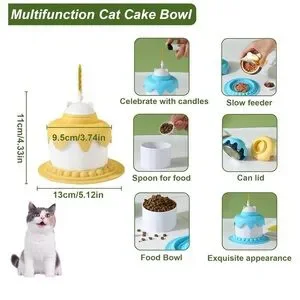 Cat Birthday Cake Bowl Slow Feeder Food Bowl Feeding Spoon Can Cover Yellow