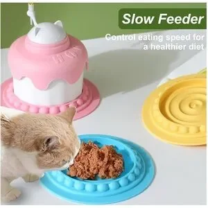 Cat Birthday Cake Bowl Slow Feeder Food Bowl Feeding Spoon Can Cover Yellow