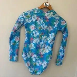 Cat & Jack Girls Sz L Long Sleeve Rash Guard One Piece Swimsuit Blue With Daisy