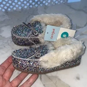 Cat & Jack Moccasin Slippers Size 8 Multicolored Glitter Fuzzy