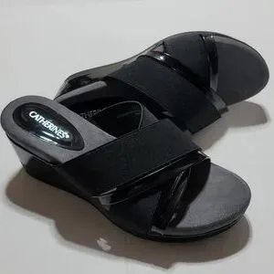 CATHERINES MULES PATENT LEATHER PLATFORM SANDALS BLACK WEDGES OPEN TOE SHOE 10W
