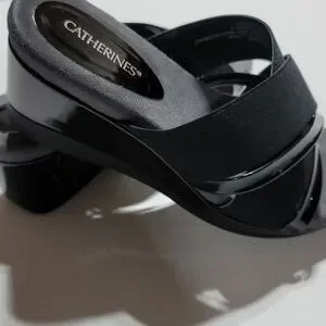 CATHERINES MULES PATENT LEATHER PLATFORM SANDALS BLACK WEDGES OPEN TOE SHOE 10W