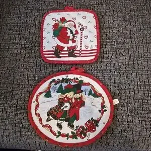 Cecil Saydah Company Christmas Santa Holiday Kitchen Towel Pot Holder Set VTG