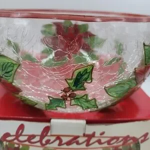 Celebration Pointsettia Mouthblown Hand Painted Cracked Glass 9" Salad Bowl