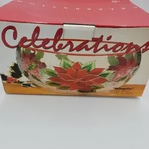 Celebration Pointsettia Mouthblown Hand Painted Cracked Glass 9" Salad Bowl