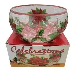 Celebration Pointsettia Mouthblown Hand Painted Cracked Glass 9" Salad Bowl