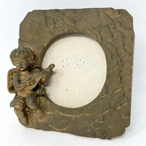 Cherub Playing Lute Angel Picture Frame Gold Rustic Stone Retro Vintage Style