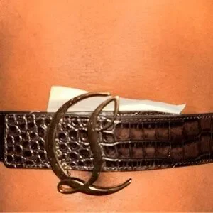 CHRISTIAN LOUBOUTIN Embossed Crocodile Leather Belt With Gold Buckle