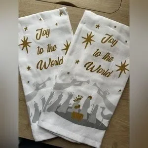 Christmas nativity “Joy to the world” kitchen hand towels set of 2