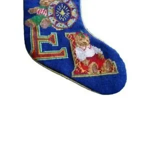 Christmas Stocking Needlepnt. NOEL Bears Navy Blue Velvet Gold Trim X Stitch EUC