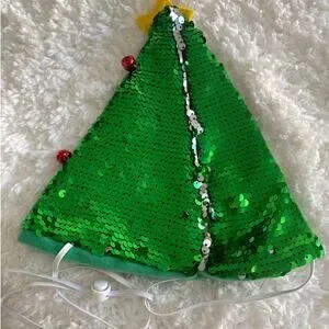 Christmas Tree Sequin Jingle Bell Pet Hat Headwear NEW XL