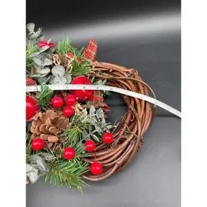 Christmas Wreath With Pinecones Red Apples Berries Tartan Bow And Faux Greens