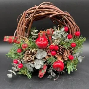Christmas Wreath with Pinecones Red Apples Berries Tartan Bow and Faux Greens