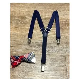 Clip-On BowTie Suspenders Set Plaid Corduroy -Blue-Boys Holiday Christmas