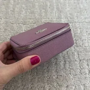 Coach Lilac Glitter Crossgrain Leather Jewelry Case Zip Around Travel Box