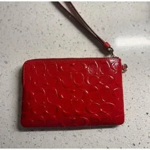 COACH Red Patent Leather Wristlet Wallet With Logo Accents