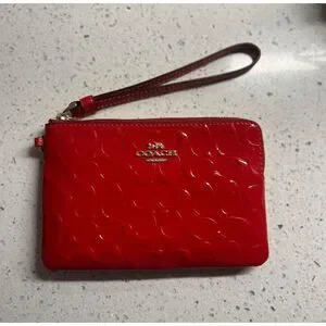COACH Red Patent Leather Wristlet Wallet with Logo Accents