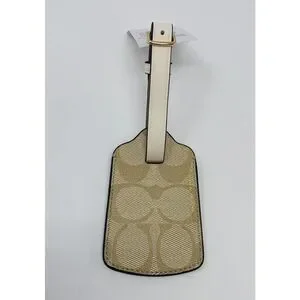 COACH Signature Canvas Luggage Tag Smooth Leather CF888 Gold Light Khaki Chalk