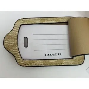 COACH Signature Canvas Luggage Tag Smooth Leather CF888 Gold Light Khaki Chalk