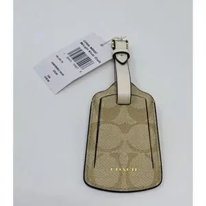 COACH‎ Signature Canvas Luggage Tag Smooth Leather CF888 Gold Light Khaki Chalk