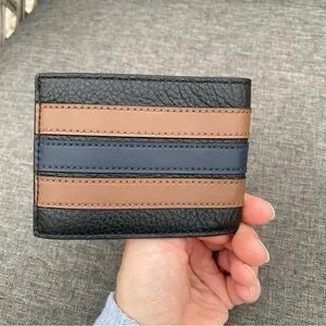 Coach Slim Bifold Varsity Stripe Men's Black And Brown Leather Wallet NWT