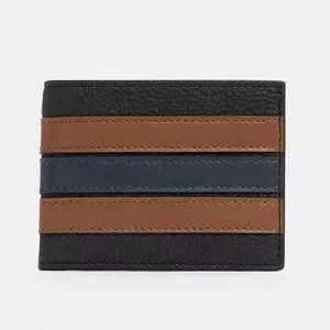 Coach slim bifold varsity stripe Men's Black and Brown Leather Wallet NWT