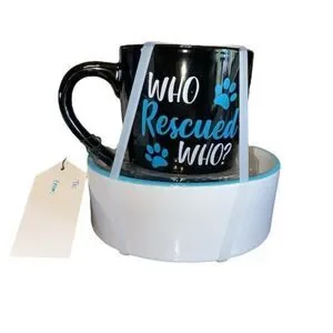 COFFEE MUG AND PET FEEDING DISH BUNDLE NWT WHO RESCUED WHO?