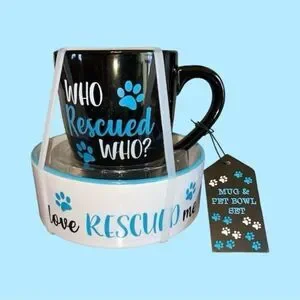 COFFEE MUG AND PET FEEDING DISH BUNDLE NWT WHO RESCUED WHO?