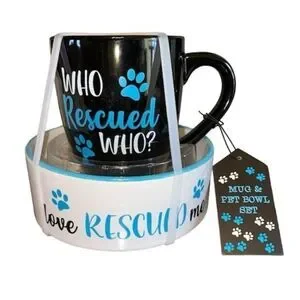 COFFEE MUG AND PET FEEDING DISH BUNDLE NWT WHO RESCUED WHO? 