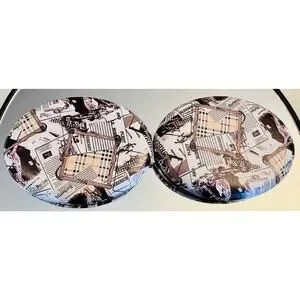 COMPACT MIRROR: Oval-Shaped White Black Beige & Red W/Newspaper Design NWOT