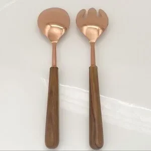 Copper & Wood Handle Salad Serving Utensils
