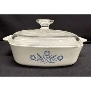 Corning Ware White Square Blue Cornflower 1Qt. Casserole Dish Pyrex Glass Lid