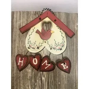 Cottage Core Red Bird HOME Hanging Wooden Sign