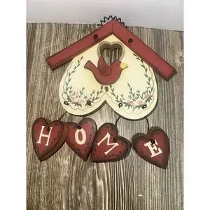Cottage Core Red Bird HOME Hanging Wooden Sign