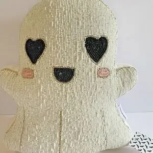 Cupcakes And Cashmere Beaded Ghost Halloween Pillow Heart Eyes