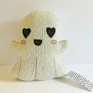 Cupcakes And Cashmere Beaded Ghost Halloween Pillow Heart Eyes