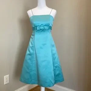 Cyan Blue David's Bridal Spaghetti Strap Dress with Front Bow Detail