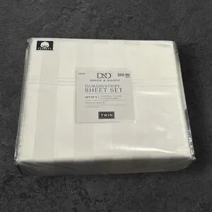 D&D Darsee & David's TWIN White Damask Striped Sheets Set 100 % Cotton 400 Count