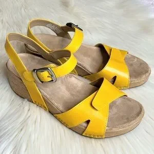 Dansko Laurie Yellow Leather Burnished Calf Wedge Ankle Strap Sandals Size 38