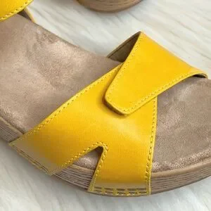 Dansko Laurie Yellow Leather Burnished Calf Wedge Ankle Strap Sandals Size 38
