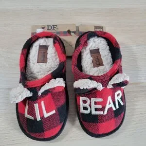 Dearfoams Lil Bear Slippers Kids 11/12 Check Plaid Memory Foam Sodt Warm NWT