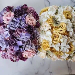 Decorative rose floral bouquet pillow bundle of 2 purple yellow